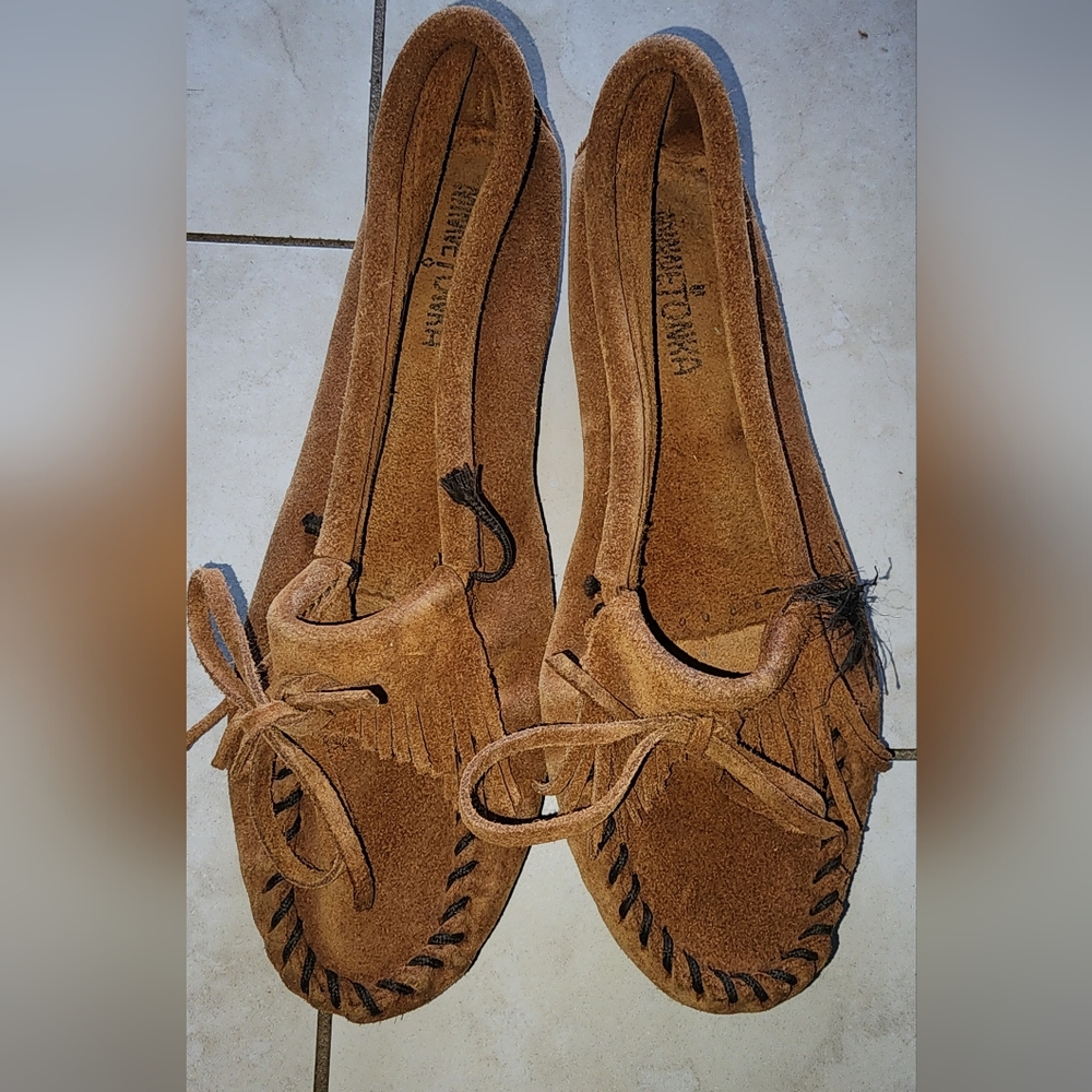 Brown Suede Moccasins with Fringe and Bow